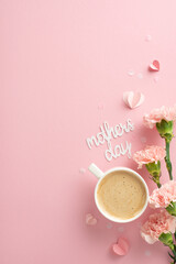 Mother's Day refined design. Top view vertical image of a silky macchiato, sundry cloves, encouraging words, small hearts, and confetti on a delicate pink canvas, with spot for your message or advert - obrazy, fototapety, plakaty
