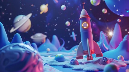 Cute 3D Space Scene. Planets, Spaceships, and Stars on Dark Blue Background