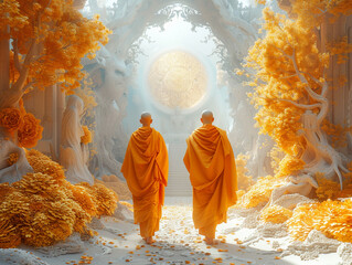 Two monks walk through a forest of orange trees - obrazy, fototapety, plakaty