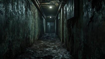 Fototapeta na wymiar A dark corridor in an abandoned building. Cluttered corridor in ruins. Abandoned building. Horror. Dark room