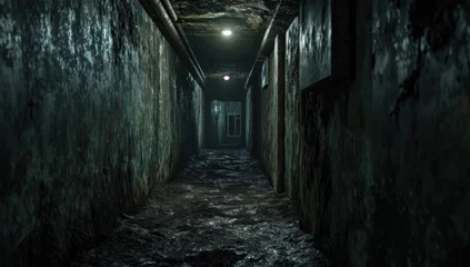 Foto op Canvas A dark corridor in an abandoned building. Cluttered corridor in ruins. Abandoned building. Horror. Dark room © Ruslan Gilmanshin