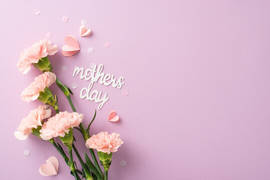Mother's Day polished depiction: Top-view image of blooming carnations bunch, heartfelt words, tiny hearts, and confetti on a soft lilac background, with area for text or promotions