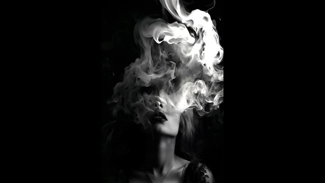Fashion surreal Concept. Portrait of silhouette woman girl blowing out in swirling smoke clouds fog dark background. wallpaper banner clip mov 4K HD motion	
