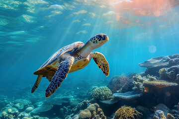 Obraz premium A turtle swimming in the ocean. The water is blue and the sun is shining on the turtle