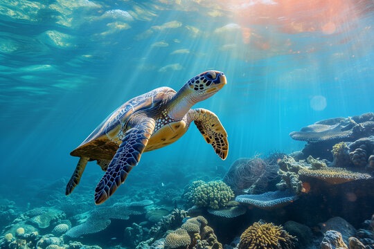 A turtle swimming in the ocean. The water is blue and the sun is shining on the turtle