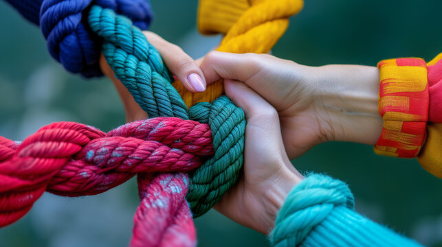 A group of people holding hands and a rope. The rope is tied in a knot. The people are wearing colorful clothing. Scene is one of unity and teamwork