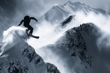 Snowboarder mid-jump against the pristine mountain backdrop, showcasing gravity-defying skill and the exhilaration of the sport.