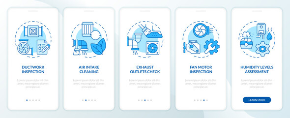 Ventilation inspection blue onboarding mobile app screen. HVAC walkthrough 5 steps editable graphic instructions with linear concepts. UI, UX, GUI template. Myriad Pro-Bold, Regular fonts used