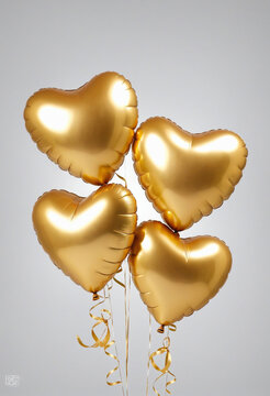 Gold heart balloons with ribbon colorful background