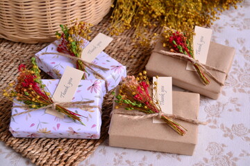 Wedding decoration favors handmade soaps small gifts, guest souvenir craft and floral style box...
