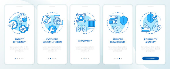 Benefits of HVAC maintenance blue onboarding mobile app screen. Walkthrough 5 steps editable graphic instructions with linear concepts. UI, UX, GUI template. Myriad Pro-Bold, Regular fonts used - obrazy, fototapety, plakaty
