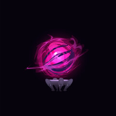 Pink magic ball with glowing aura on a stand, vector illustration.