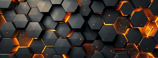 Fotobehang Abstract background with dark gray and orange hexagon shapes, creating an industrial atmosphere. The wall is made of dark metal, glowing in golden light. Background for design, banner, poster or cover © Sabina Gahramanova