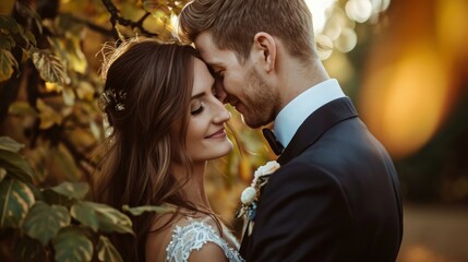 Beautiful newlyweds cuddle in a green garden with trees. Young bride and cute bride are standing in the park