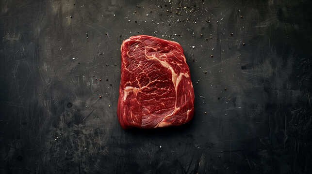 100 days grain fed australian beef ribeye steak cut, ultra define and real, with focus on texture, product visual view, flat lay view, dark and moody, minimalist background