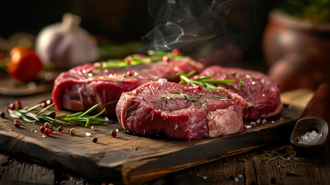 raw beef neck steaks, on the butcher desk, cinematic light, product photo, captured by Canon EF 50mm f/1.8 STM Lens, food stylist, ad