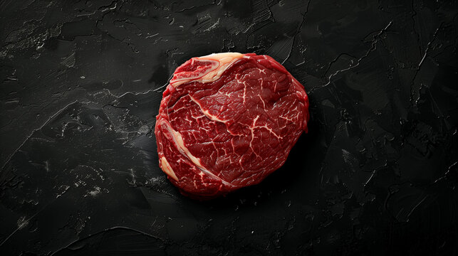 100 days grain fed australian beef ribeye steak cut, ultra define and real, with focus on texture, product visual view, flat lay view, dark and moody, minimalist background