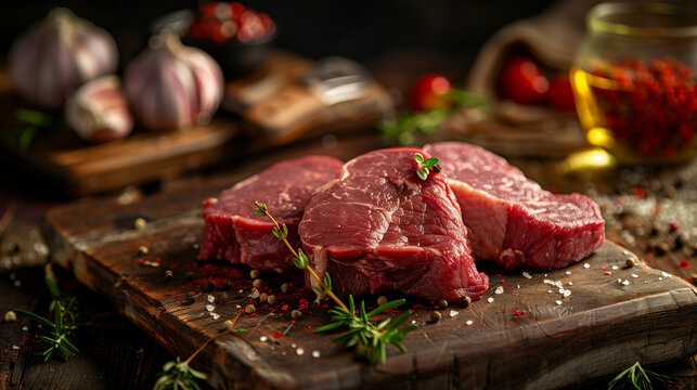 raw beef neck steaks, on the butcher desk, cinematic light, product photo, captured by Canon EF 50mm f/1.8 STM Lens, food stylist, ad