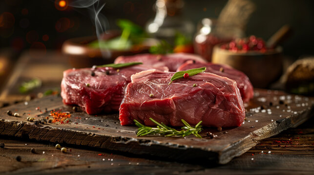 raw beef neck steaks, on the butcher desk, cinematic light, product photo, captured by Canon EF 50mm f/1.8 STM Lens, food stylist, ad