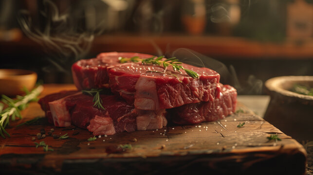 raw beef neck steaks, on the butcher desk, cinematic light, product photo, captured by Canon EF 50mm f/1.8 STM Lens, food stylist, ad