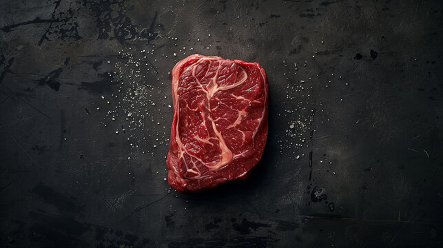 100 days grain fed australian beef ribeye steak cut, ultra define and real, with focus on texture, product visual view, flat lay view, dark and moody, minimalist background