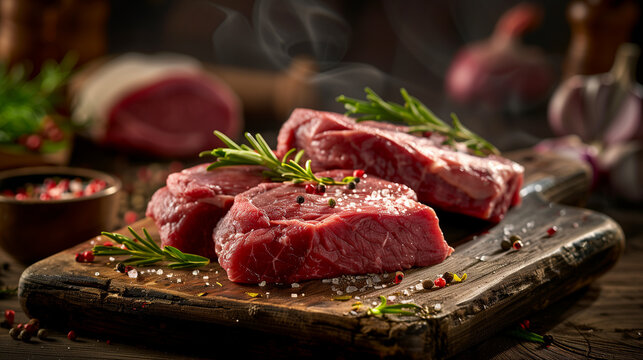 raw beef neck steaks, on the butcher desk, cinematic light, product photo, captured by Canon EF 50mm f/1.8 STM Lens, food stylist, ad
