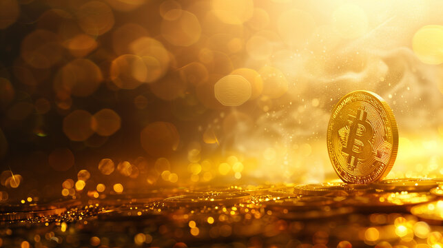 Bitcoin gold coin and gold bokeh background