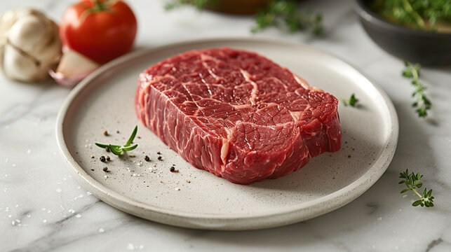 raw beef neck steaks, on the butcher desk, cinematic light, product photo, captured by Canon EF 50mm f/1.8 STM Lens, food stylist, ad
