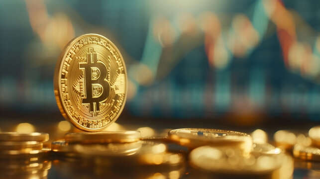 Bitcoin gold coin and defocused chart background