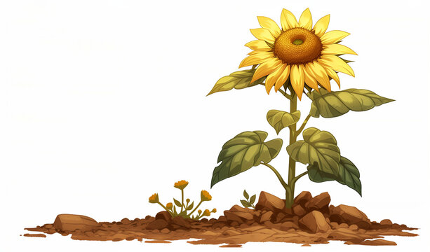 A bright yellow sunflower with green leaves stands out against a clean white background.
