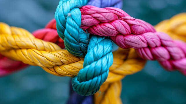 A colorful rope is tied in a knot. The rope is made up of four different colors, and it is tied in a knot