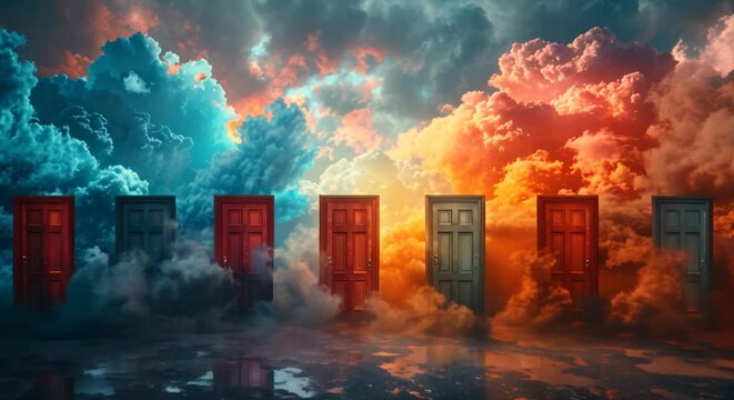A series of doors in the sky, each leading to different realms of imagination, photorealistic