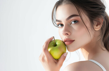 Portrait of beautiful young woman in white tank top holding green apple isolated on white background