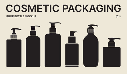 Set of cosmetic vials with pump caps isolated on a light background. Black silhouette of bottles for cream or lotion. Shampoo packaging mockup. Face and body care products.