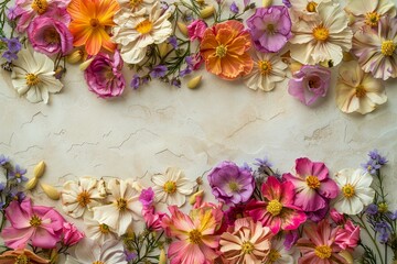 Colorful Array of Fresh Spring Flowers Arranged on a Light Marble Background for Festive Design