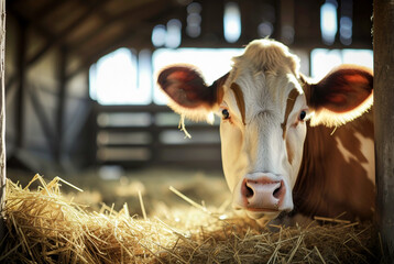 Dairy farm cows in a barn. - obrazy, fototapety, plakaty