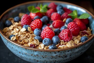 Cereals and fruit in bowl, morning health breakfast