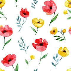 watercolor seamless pattern with wildflowers. red and yellow poppies on a white background, abstract print