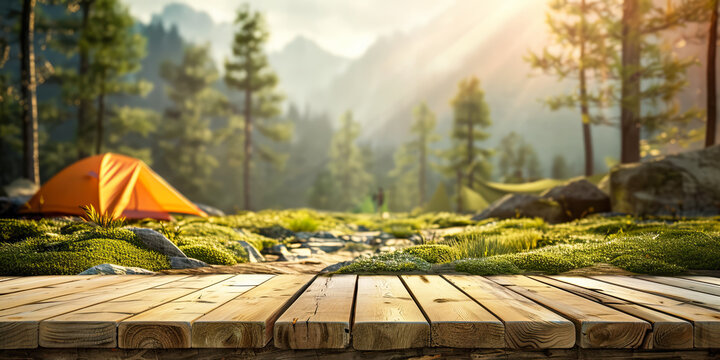 camping wooden tabletop, empty wood table top in green forest, concept of outdoor nature activity dais podium counter product display platform mockup background banner with copy space