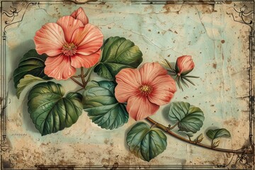 Vintage Floral Artwork with Pink Flowers and Lush Green Leaves on Antique Textured Background for Elegant Design Projects