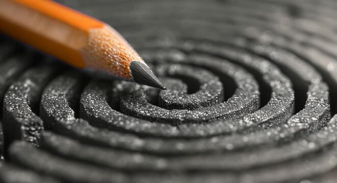 A pencil drawing a path out of a labyrinth, symbolizing creative solutions, minimalist