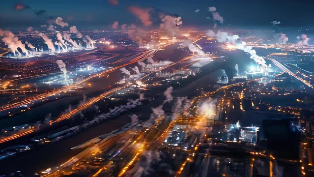 Aerial night photography captures an industrial zone in an urban setting. Amid a glimmering multitude of lights, outlines of roads and structures emerge. 