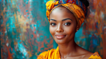 Portrait of a black woman, adorned in colorful traditional attire, admiring a vibrant abstract painting background - obrazy, fototapety, plakaty