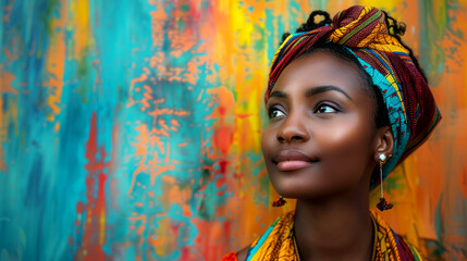 Portrait of a black woman, adorned in colorful traditional attire, admiring a vibrant abstract painting background - obrazy, fototapety, plakaty