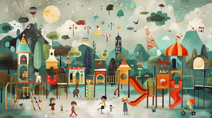 Foto op Canvas Children play merrily in a whimsical playground set in a vibrant storybook town, with fantastical structures and playful landscapes under a magical sky. Whimsical Playground in a Colorful Storybook T  © M