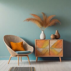 Interior with a chest of drawers and an armchair. Boho, eco or japandi style - obrazy, fototapety, plakaty