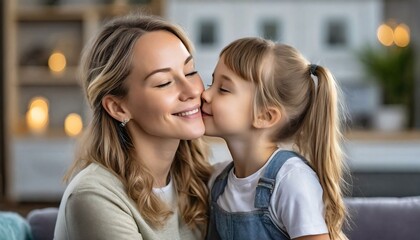Daughter kissing her mother on the cheek, Mother's Day, parenting, family