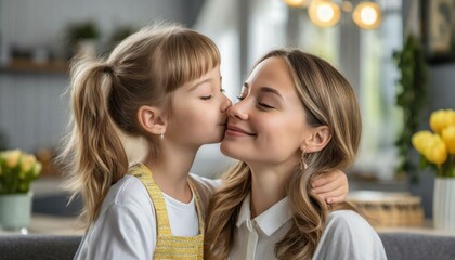 Córka całująca swoją mamę w policzek, Dzień Matki, rodzicielstwo, rodzina - obrazy, fototapety, plakaty