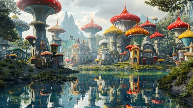 A whimsical village with houses shaped like colorful mushrooms reflects beautifully on a serene lakeside, set in a magical forest. Fantasy Mushroom Village by the Lake

