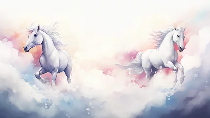 Fotobehang White horses running among the clouds, watercolor postcard background © kichigin19